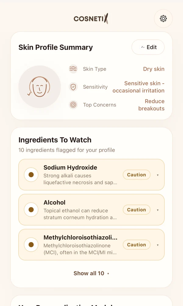 The app's skin profile summary screen: skin type, sensitivity, and top concerns