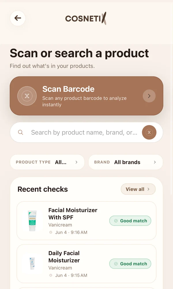 The analyze screen: scan a barcode or search any product by name