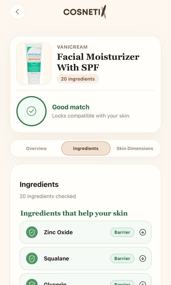 A product result reading Good match, with the ingredients checked